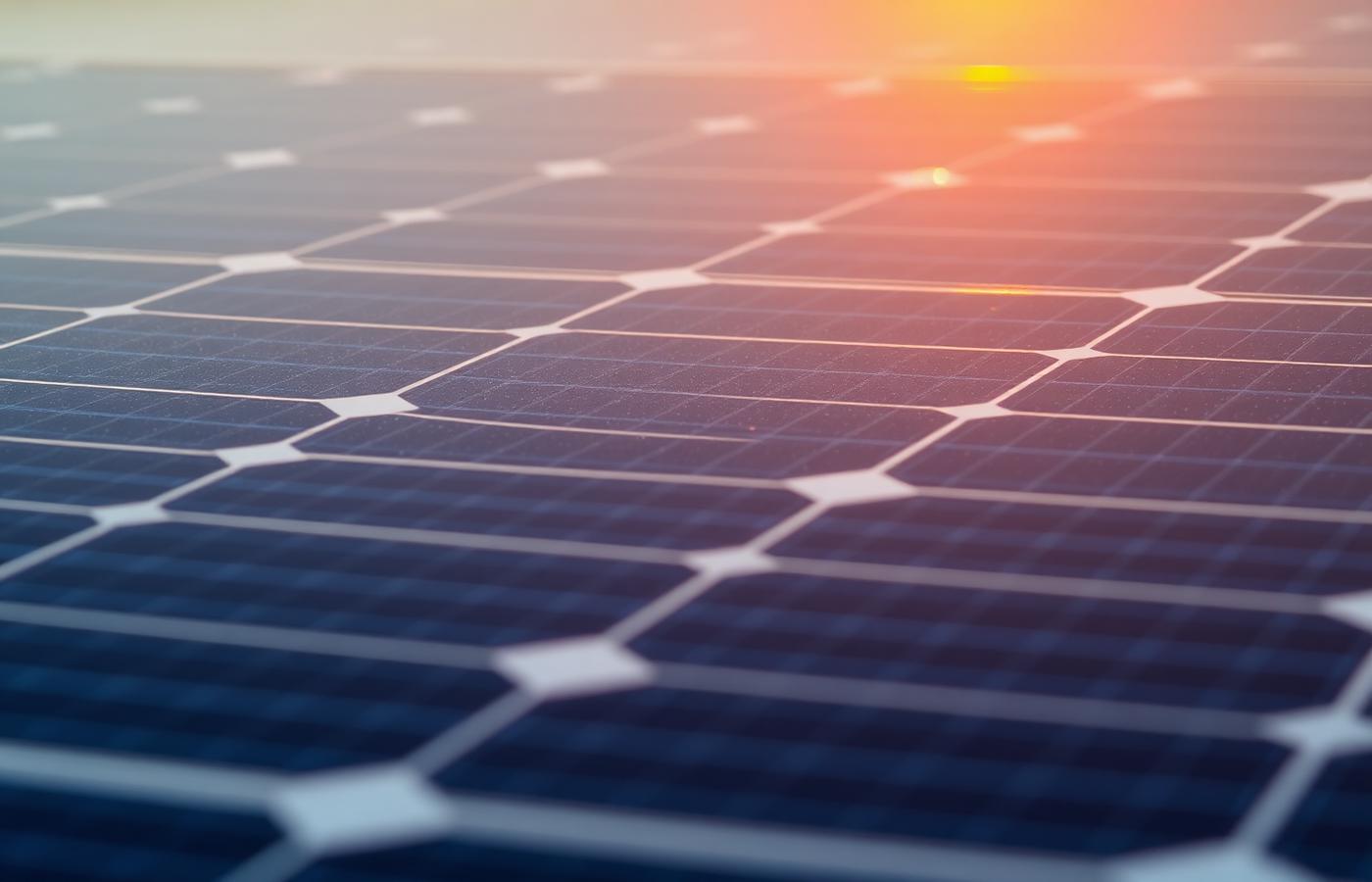 Detail view of solar panels at golden hour